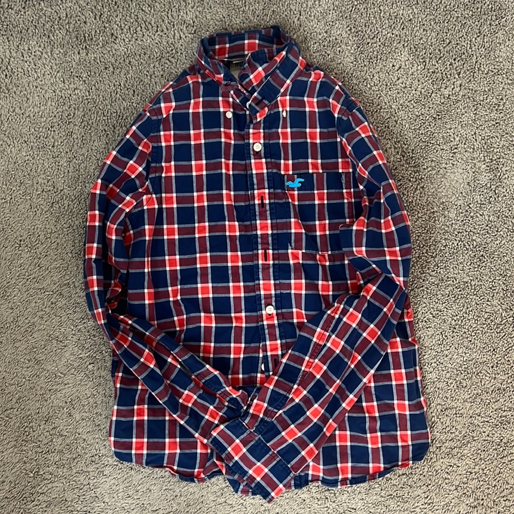 Hollister button up, blue,red,white size M